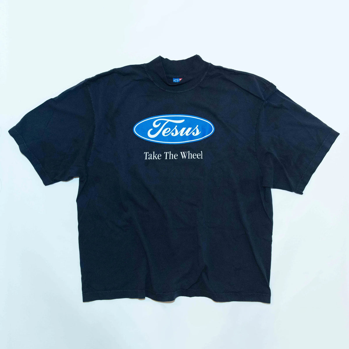 Jesus Take The Wheel Mock T-Shirt — Washed Navy, front view